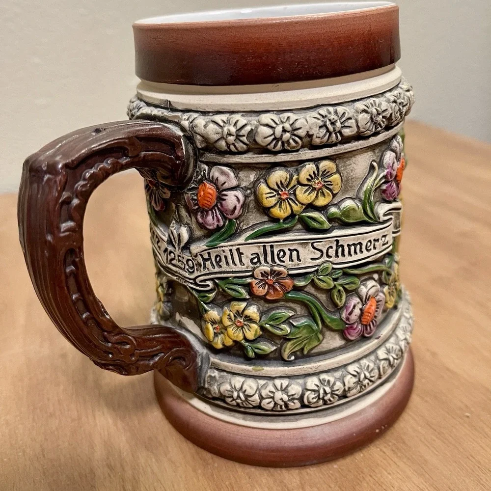 Vintage‎ Thewalt ? German Beer Stein 3D Floral Musician Scene Colorful